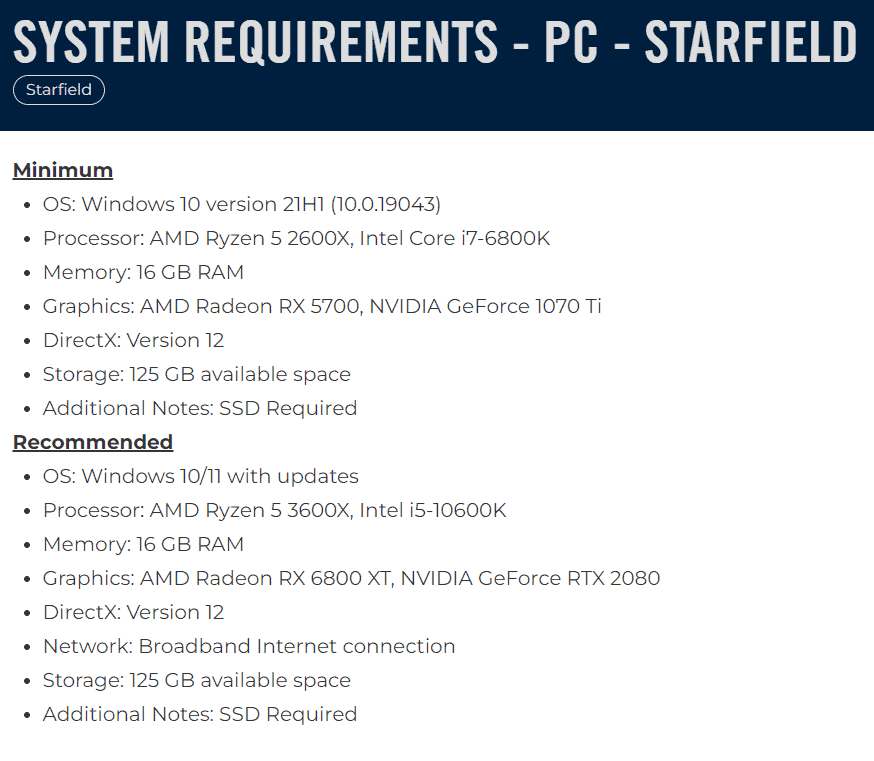 Starfield System Requirements PC